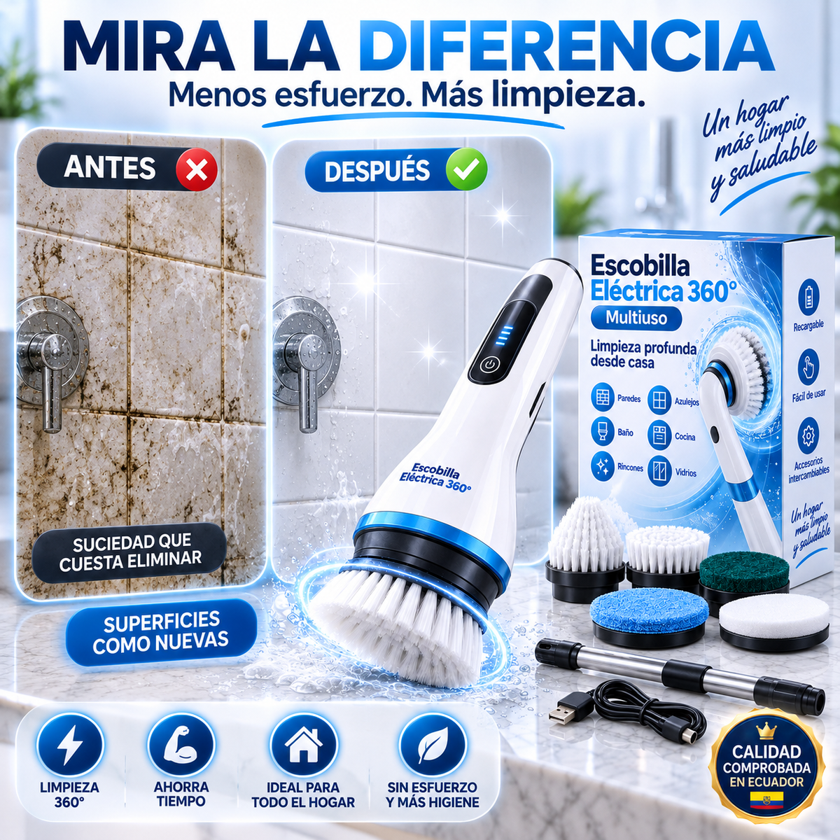 La Suciedad se va. tú Dejas de Frotar. Escobilla Eléctrica 360°