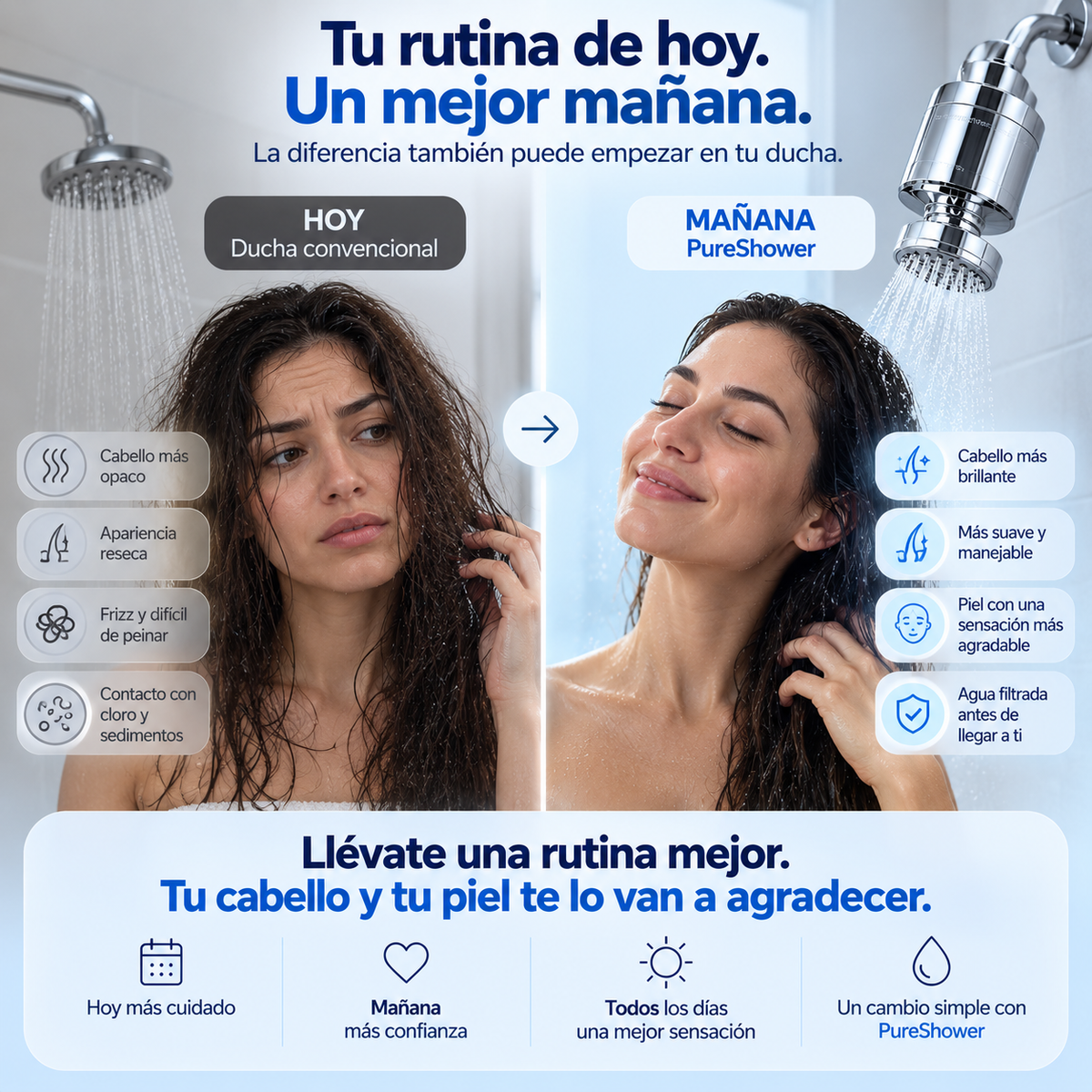 Agua más limpia. Cabello más cuidado. Una mejor ducha con PureShower